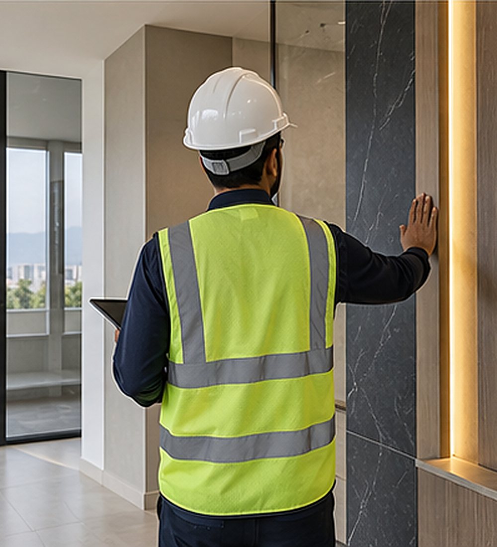 Site supervisor inspecting a finished marble and timber feature wall