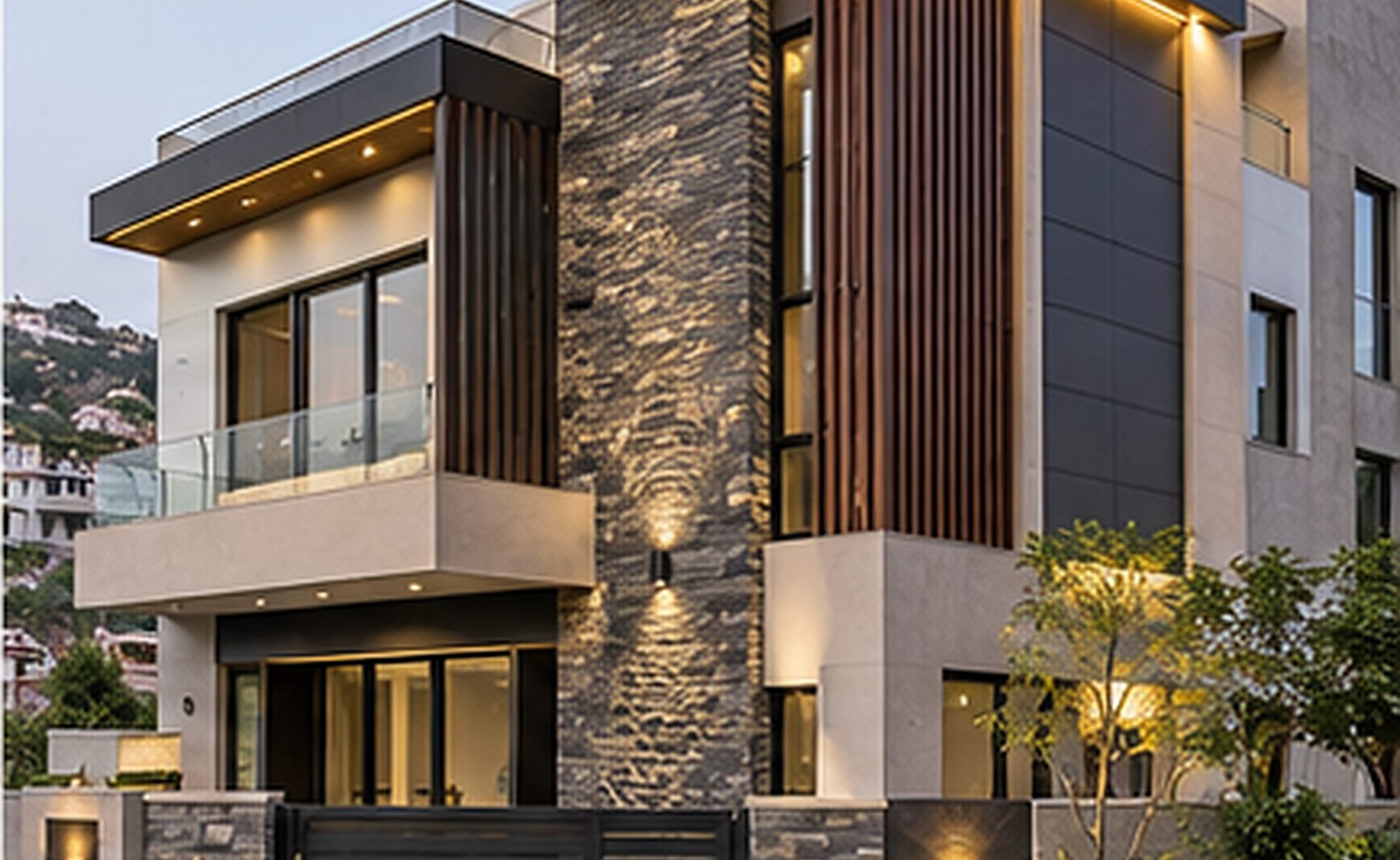 Finished modern villa with stone, timber and glass façade